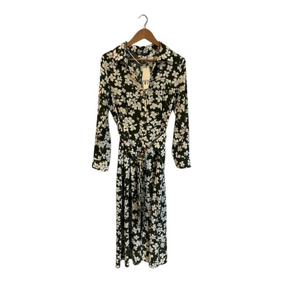 NWT Zara Floral Print Shirt Dress Women's Size Medium M Green - Picture 2 of 7